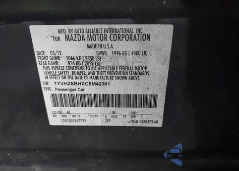 2012 Mazda Mazda6 I Sport from USA, damaged, VIN 1YVHZ8BHXC5M42361